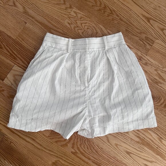 Theory Linen Blend Pleated Shorts Ivory Stripe (0) - Picture 3 of 6